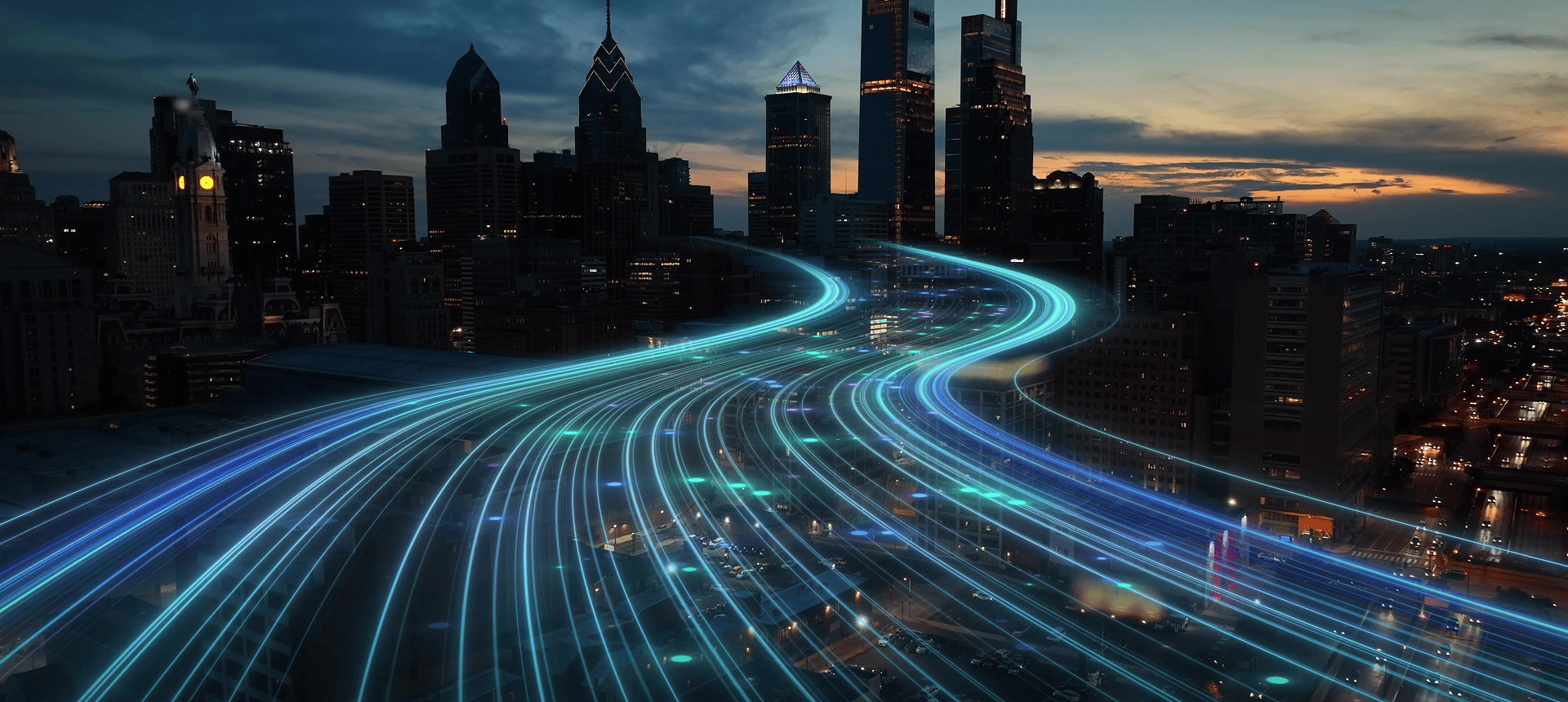 City skyline with futuristic light trails