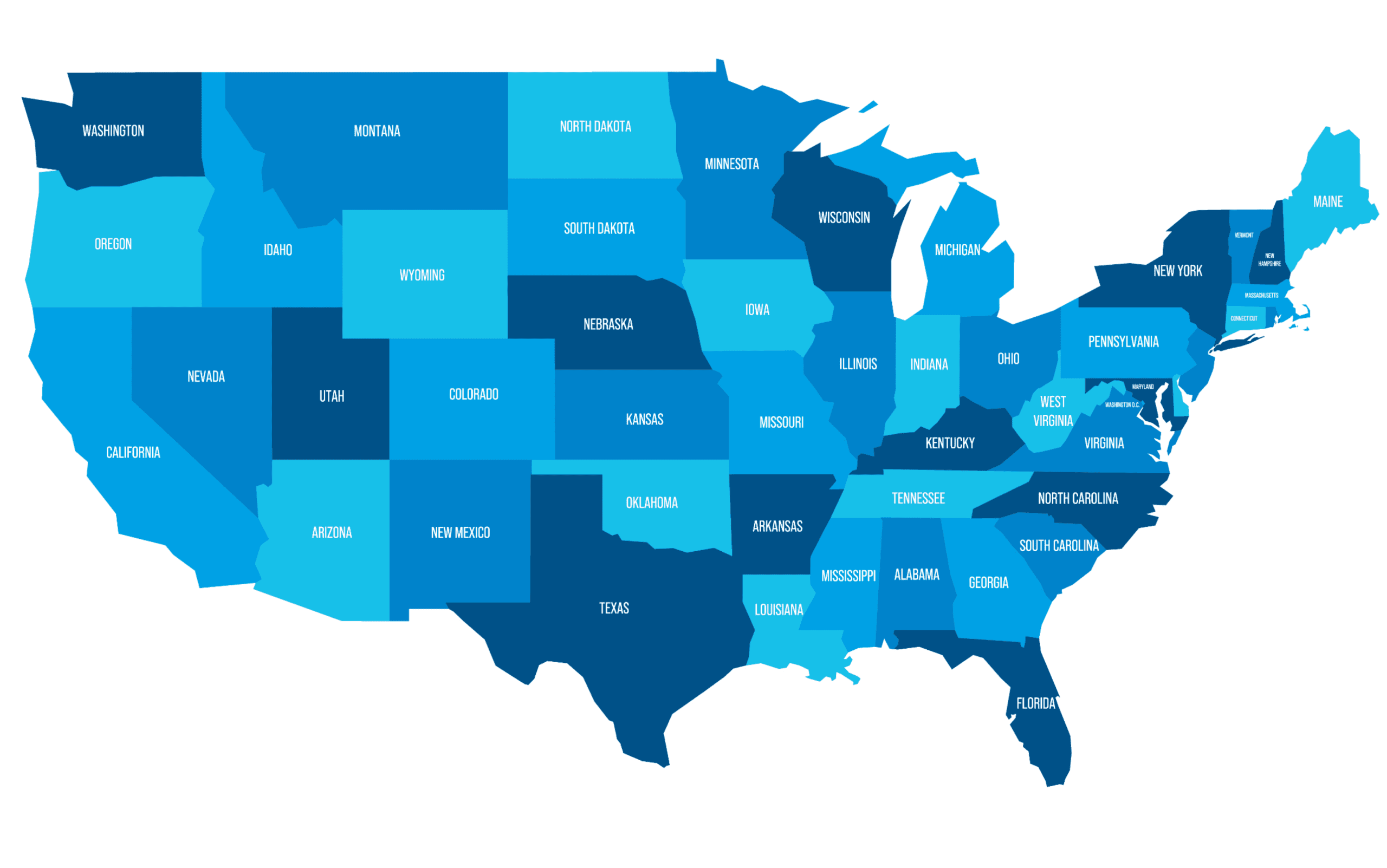 Blue United States map with labeled states