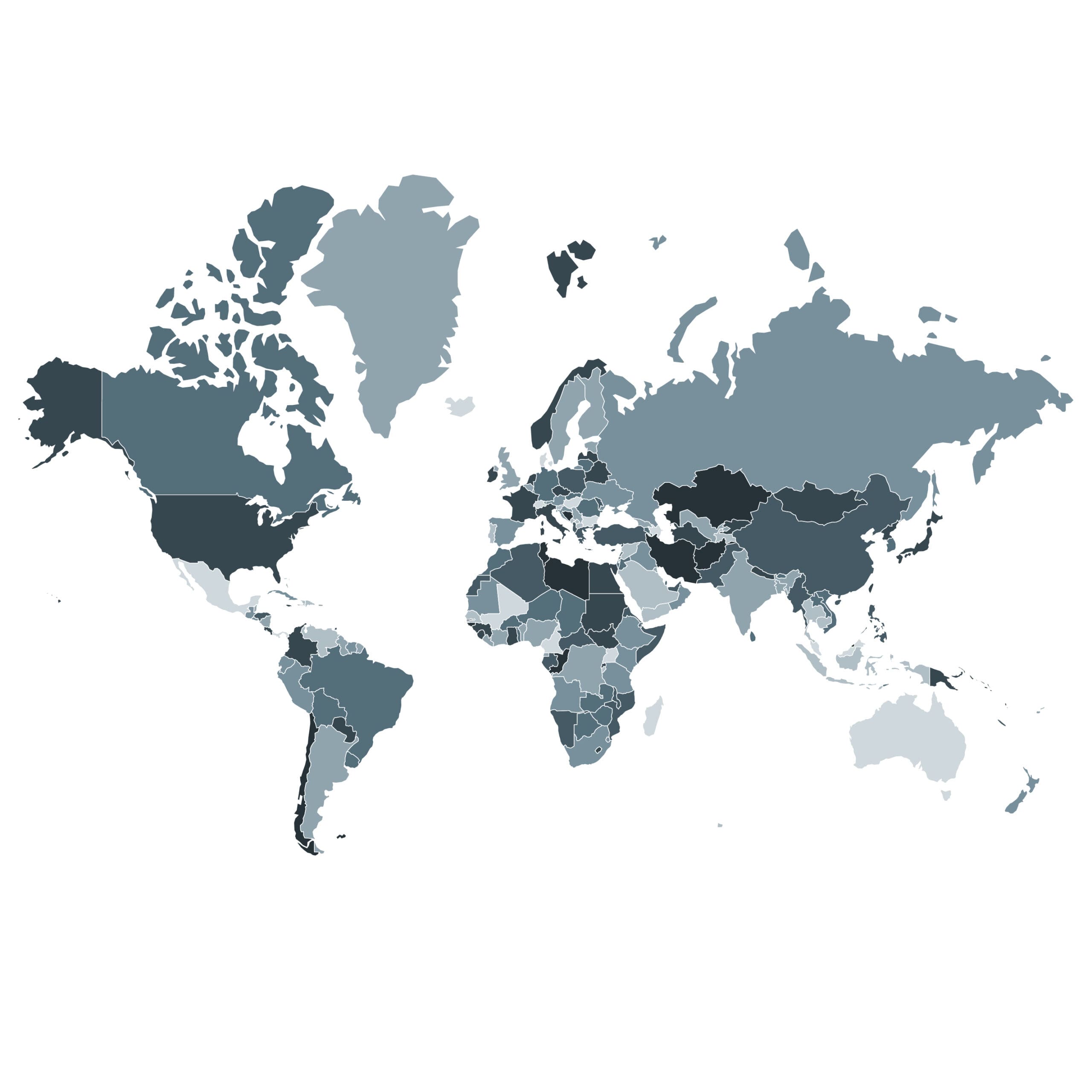 Blue-toned world map with country shading