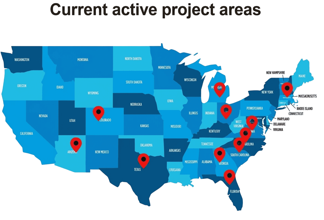 United States map showing active project locations